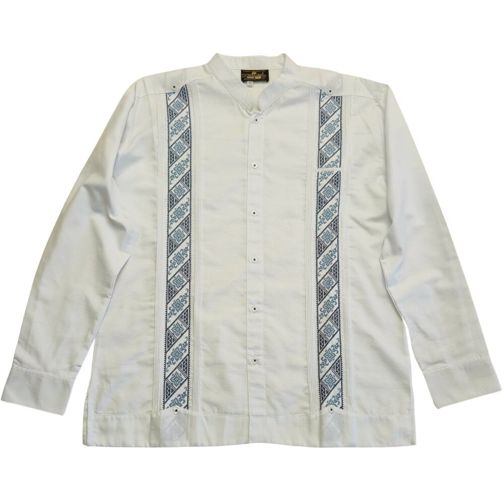 Men's Mexican Guayabera Shirt Long Sleeve Embroidered Mock Neck White XL